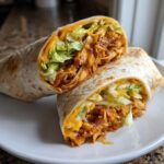 Close-up of a Bbq Ranch Chicken Wrap cut in half, showing shredded chicken, melted cheese, and lettuce inside a tortilla.