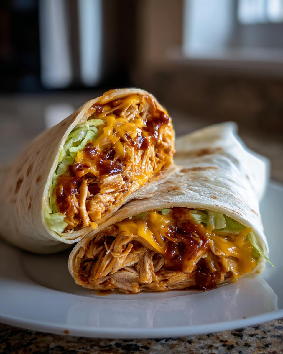 Close-up of a Bbq Ranch Chicken Wrap cut in half, showing shredded chicken, melted cheese, and lettuce inside a tortilla.