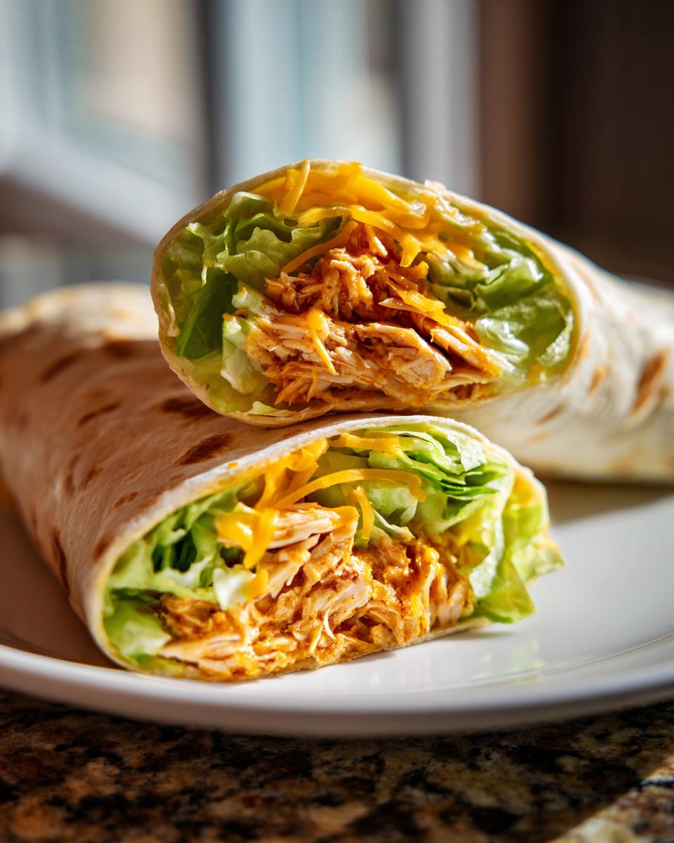 Close-up of a Bbq Ranch Chicken Wrap cut in half, showing shredded chicken, lettuce, and cheese.