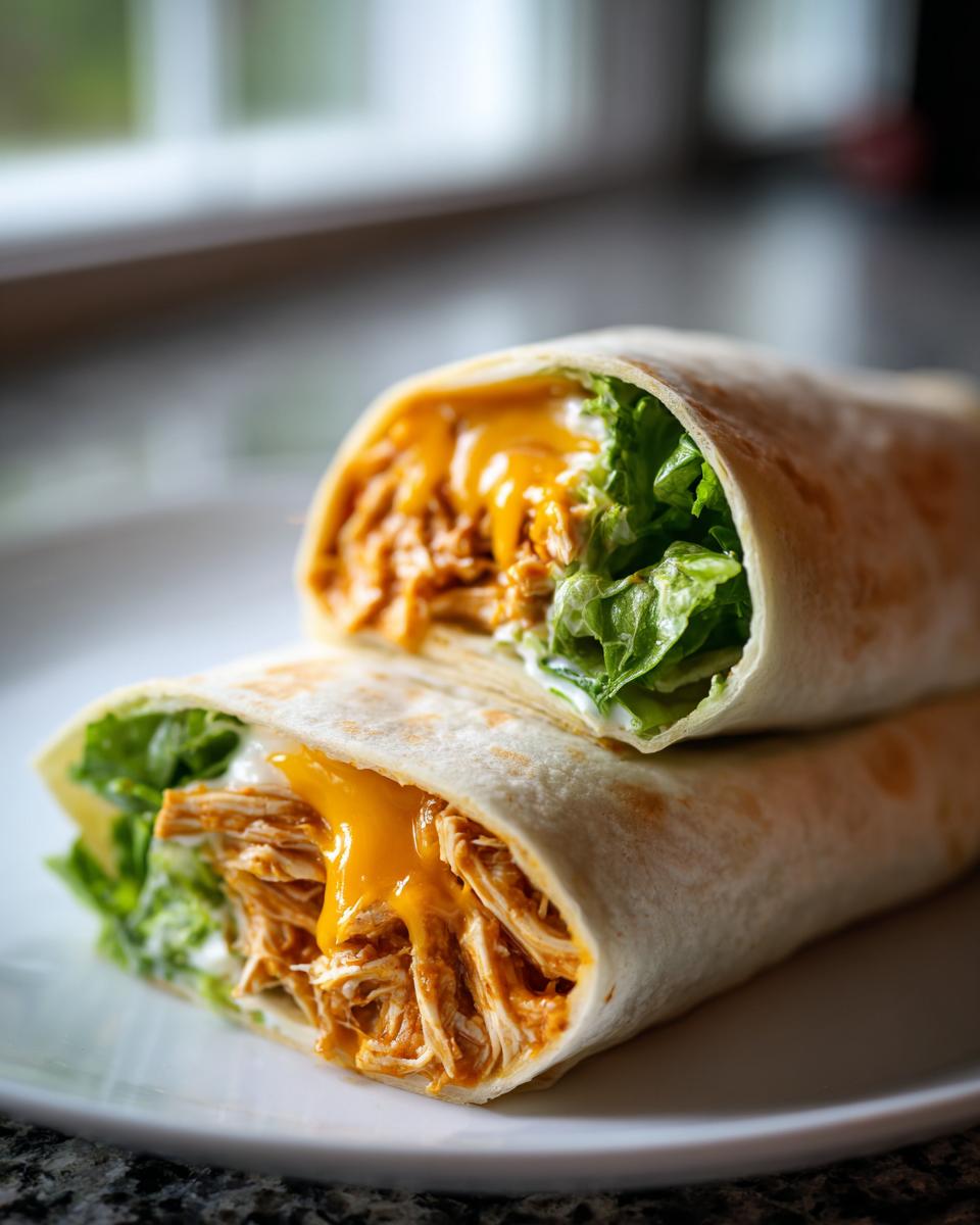 Two halves of a Bbq Ranch Chicken Wrap stacked, showing shredded chicken, melted cheese, and crisp lettuce.