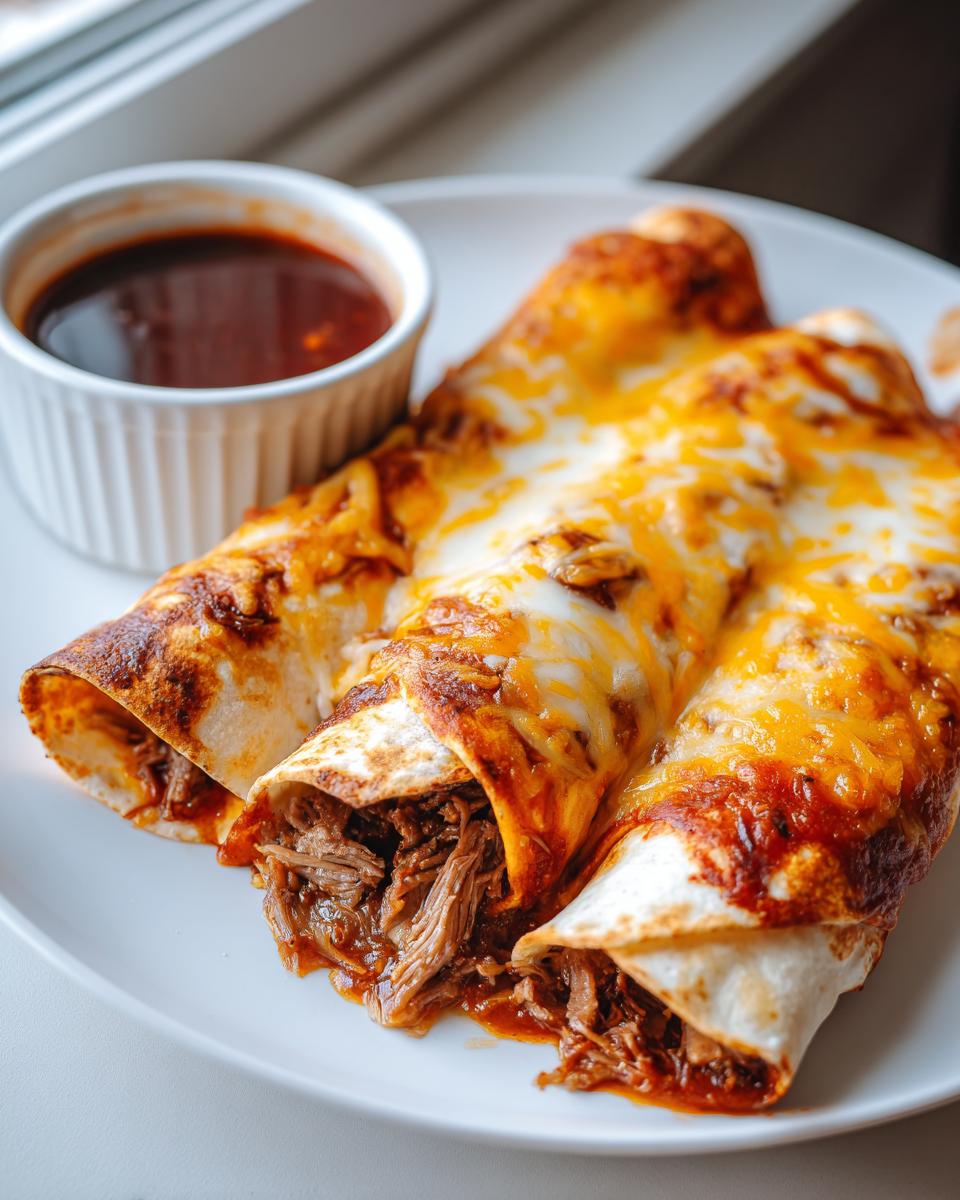 Three cheesy Birria Enchiladas filled with shredded beef, served with a side of consomm&eacute; for dipping.