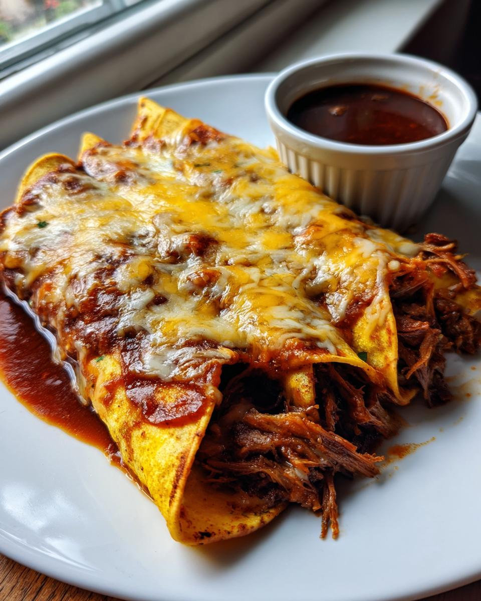 Close-up of two Birria Enchiladas covered in melted yellow and white cheese, served with a side of dark consomm&eacute;.