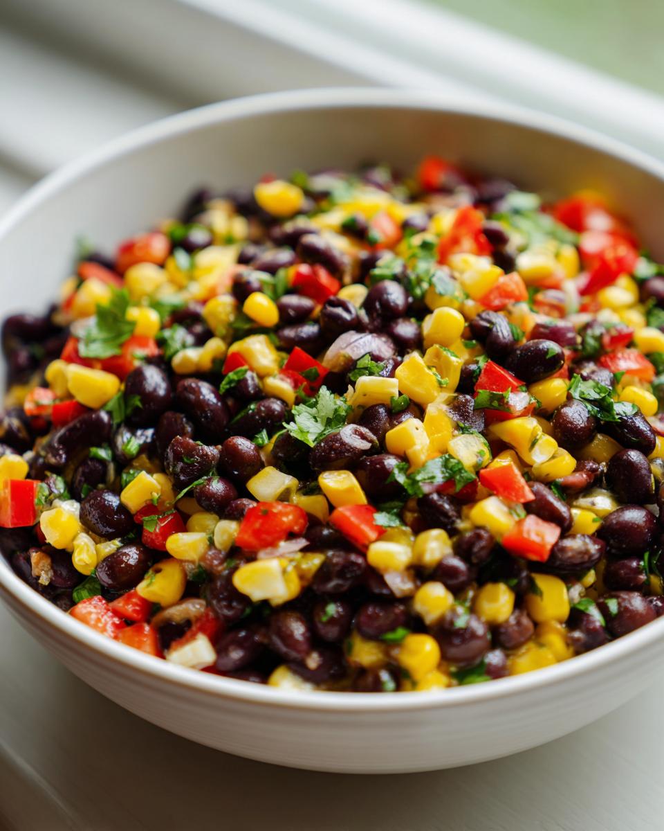 Close-up of a white bowl filled with fresh Black Bean Corn Salsa featuring black beans, yellow corn, red peppers, and cilantro.