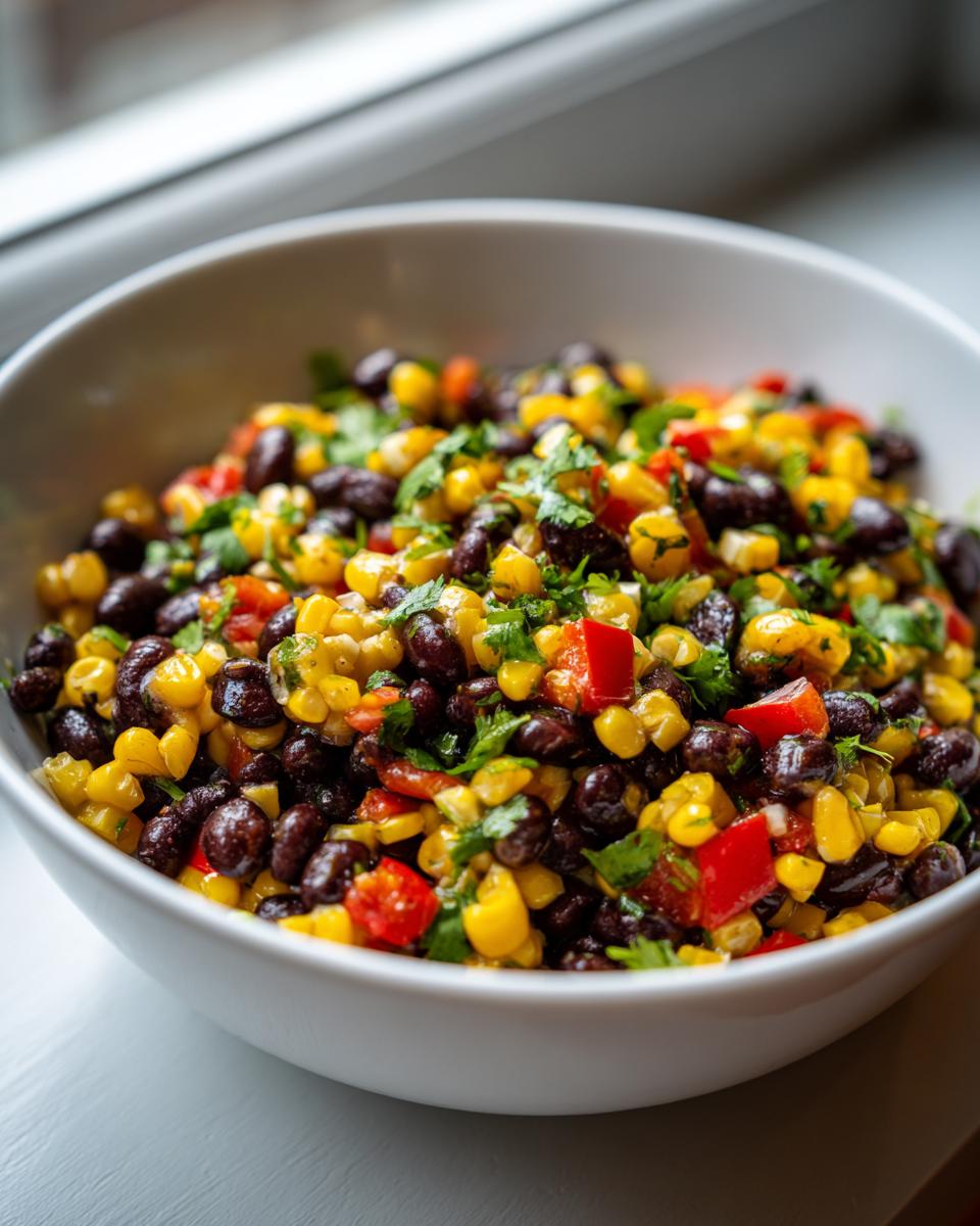 Close-up of vibrant Black Bean Corn Salsa featuring black beans, yellow corn, red peppers, and cilantro in a white bowl.