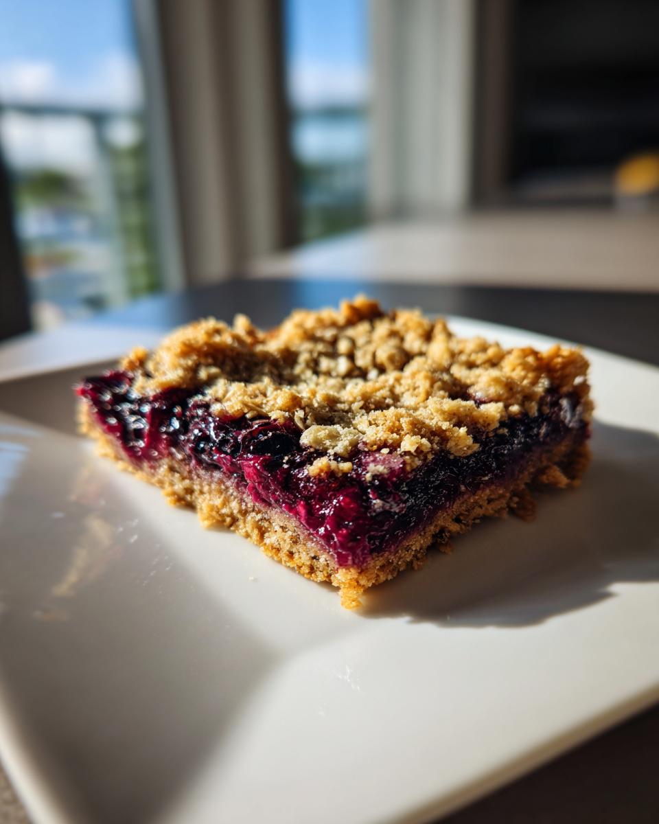 A close-up of one square of Blueberry Oatmeal Bars with a thick, jammy blueberry filling and a golden oat crumble topping.