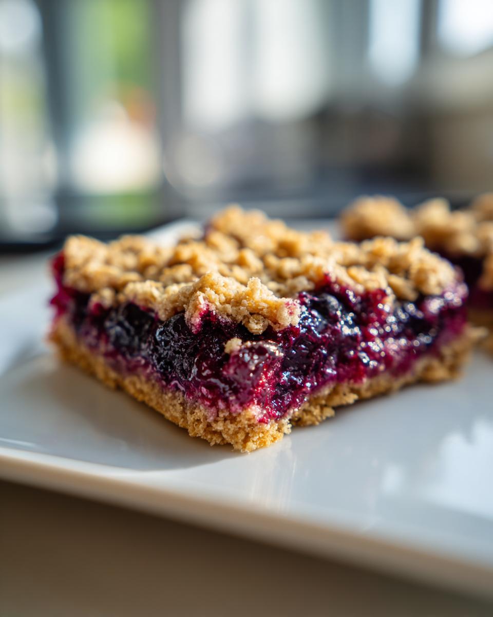 A close-up, macro shot of a single serving of rich Blueberry Oatmeal Bars showing the thick, jammy blueberry filling and crumbly topping.