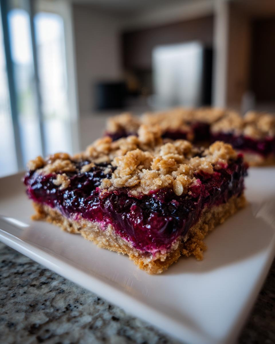 A close-up view of a thick slice of Blueberry Oatmeal Bars with a gooey blueberry filling and crumbly topping.