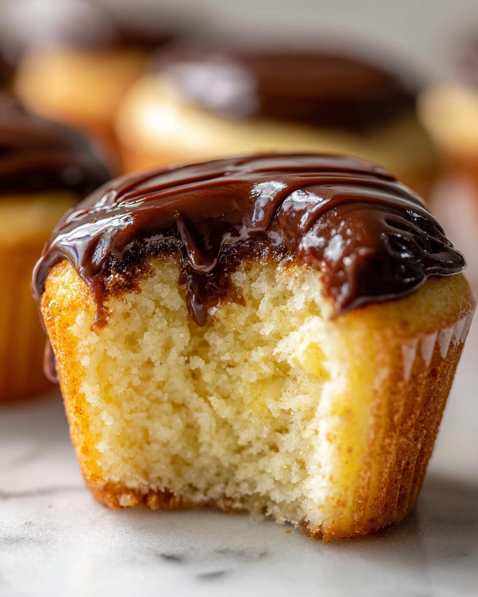 Close-up of a Boston Cream Pie Cupcakes with a bite taken out, showing the moist interior and chocolate ganache topping.