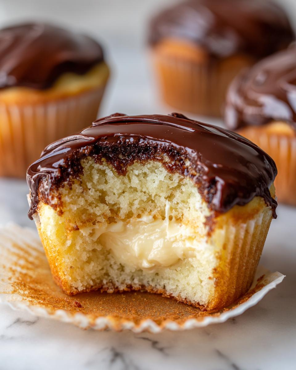 Close-up of a Boston Cream Pie Cupcakes with a bite taken out, revealing vanilla cake and pastry cream filling.