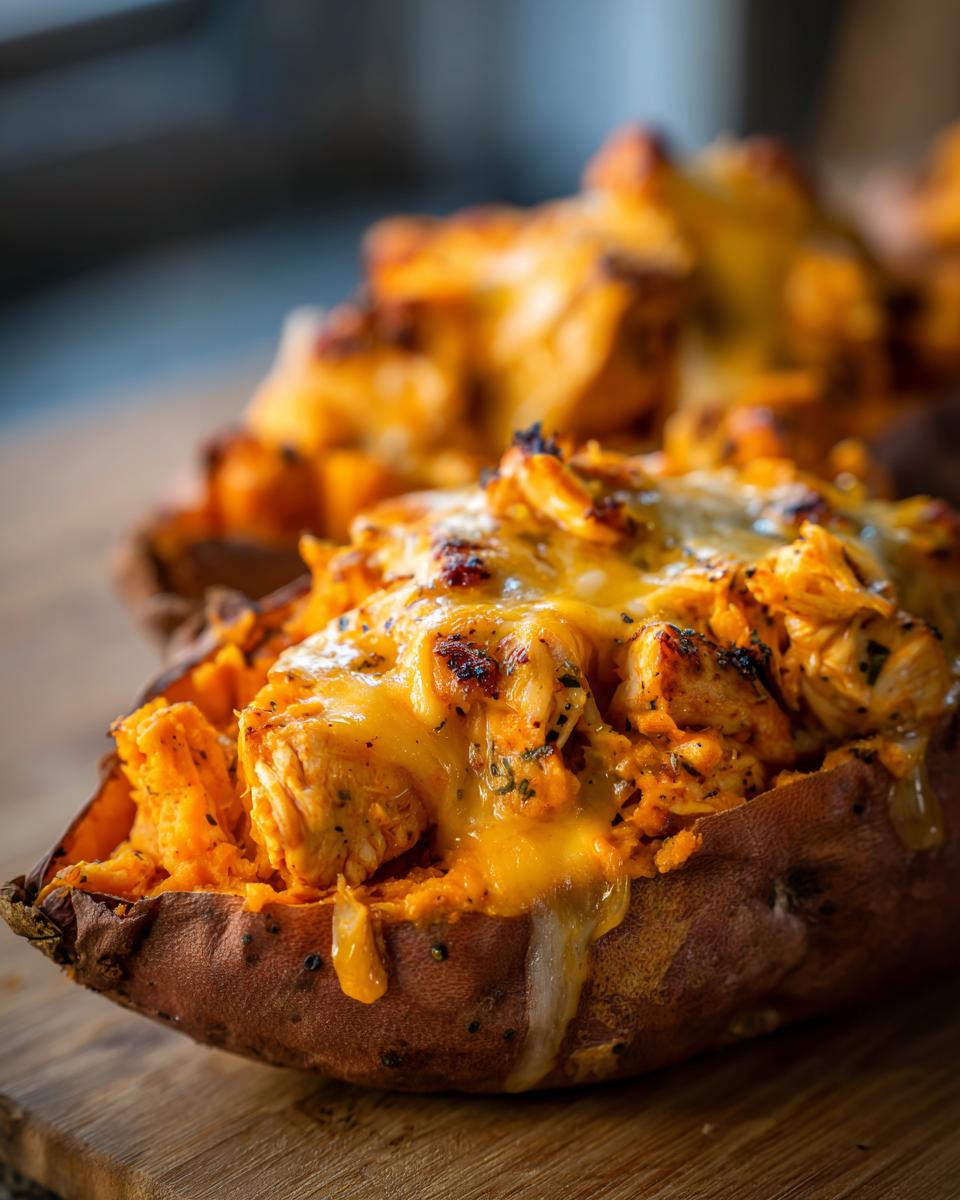 Close-up of a Buffalo Chicken Stuffed Sweet Potato topped with melted, slightly browned cheese.
