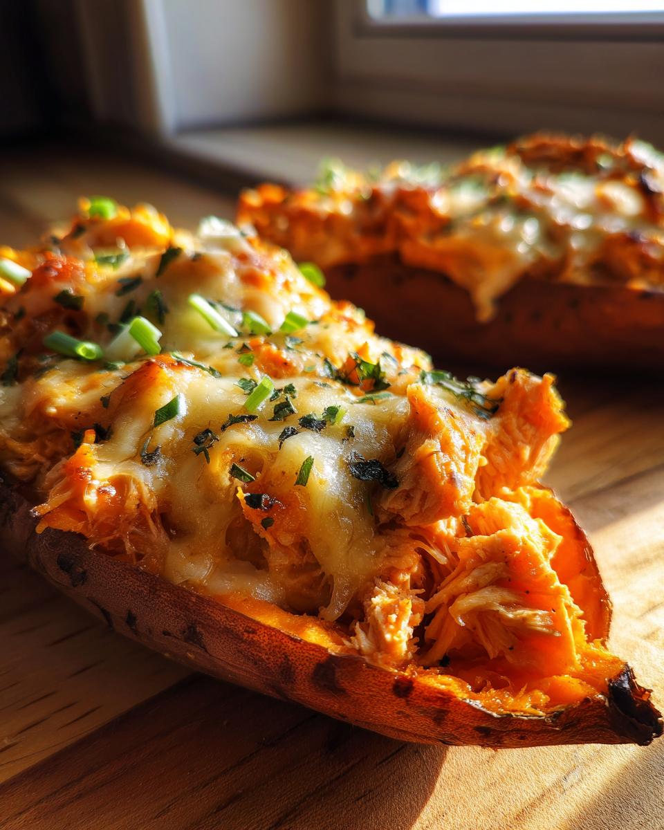 Close-up of a Buffalo Chicken Stuffed Sweet Potatoes half, topped with melted cheese and green onions.