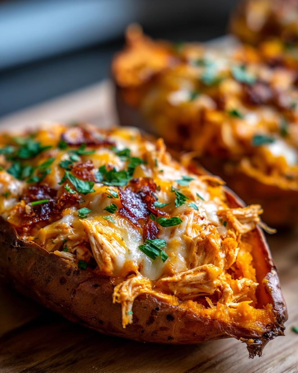 Close-up of a baked sweet potato stuffed with shredded buffalo chicken, melted cheese, and fresh parsley.