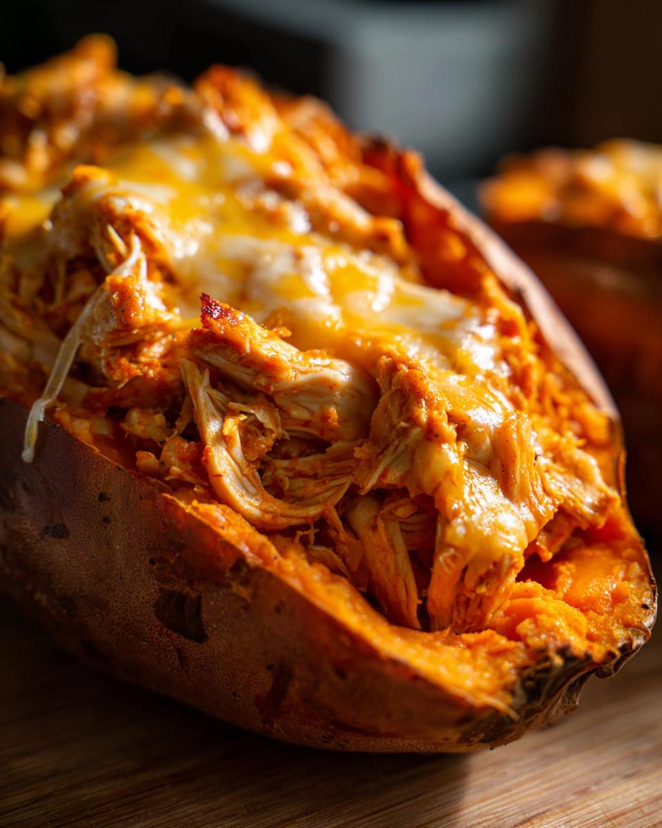 Close-up of a baked sweet potato generously filled with shredded buffalo chicken and melted cheese, ready to eat.