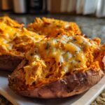 Close-up of Buffalo Chicken Stuffed Sweet Potatoes topped with melted cheddar and herbs.