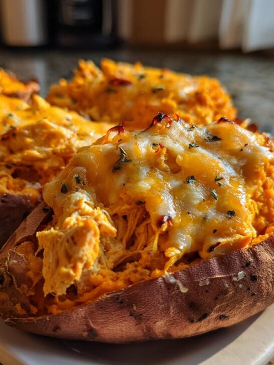 Close-up of Buffalo Chicken Stuffed Sweet Potatoes topped with melted cheddar and herbs.