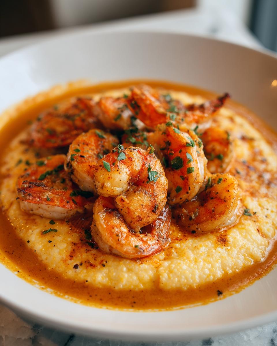 Close-up shot of perfectly seasoned Cajun Shrimp And Grits topped with fresh parsley in a white bowl.