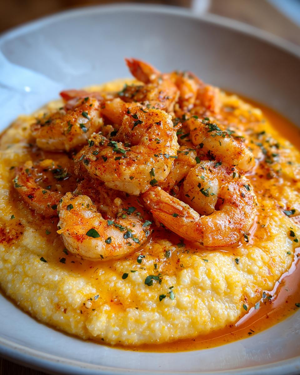 A close-up of creamy grits topped with seasoned Cajun Shrimp And Grits, garnished with parsley.