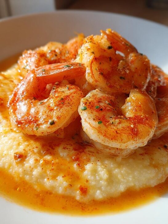 A close-up of perfectly cooked Cajun Shrimp And Grits served in a white bowl with rich, orange sauce.