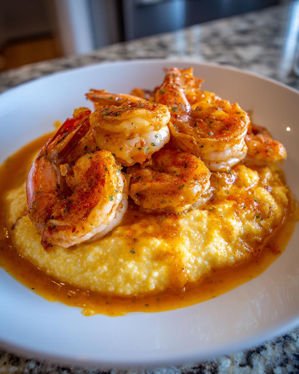 Close-up of perfectly seasoned Cajun Shrimp And Grits served in a white bowl with savory sauce.