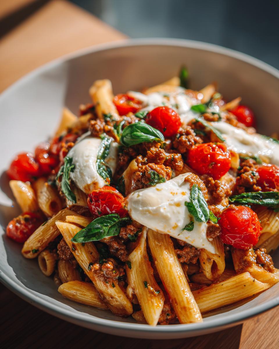A close-up shot of Caprese Pasta With Italian Sausage featuring penne, ground sausage, cherry tomatoes, fresh mozzarella, and basil.