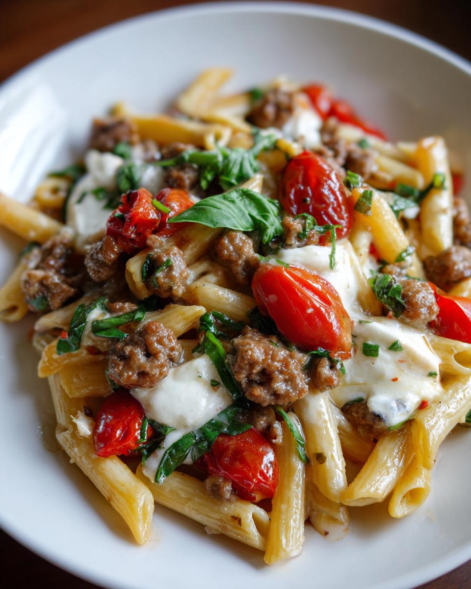 A close-up view of Caprese Pasta With Italian Sausage featuring penne, browned sausage, melted mozzarella, and cherry tomatoes.