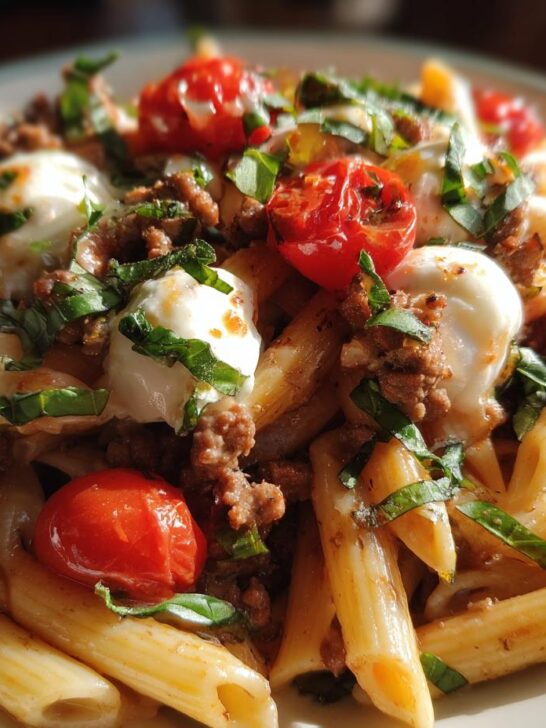 A close-up of Caprese Pasta With Italian Sausage featuring penne, crumbled sausage, mozzarella balls, and cherry tomatoes.