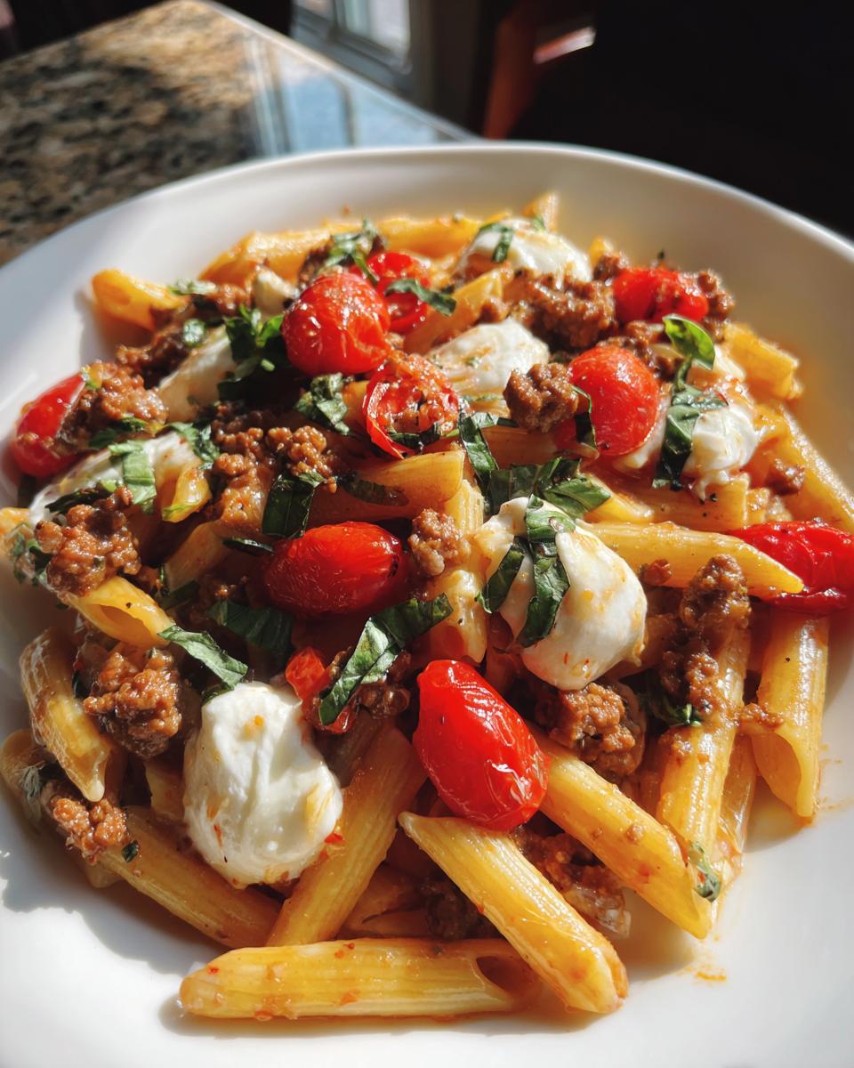A close-up of Caprese Pasta With Italian Sausage featuring penne, cherry tomatoes, mozzarella balls, and basil.