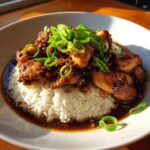 Close-up of Caramelised Soy Chicken In Garlic Ginger Broth served over white rice and topped with fresh green scallions.