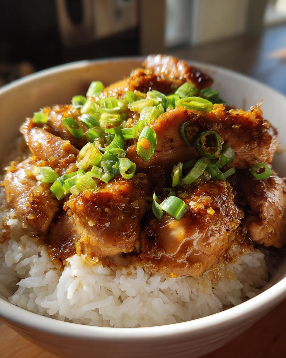 Close-up of Caramelised Soy Chicken In Garlic Ginger Broth served over white rice and topped with fresh green onions.