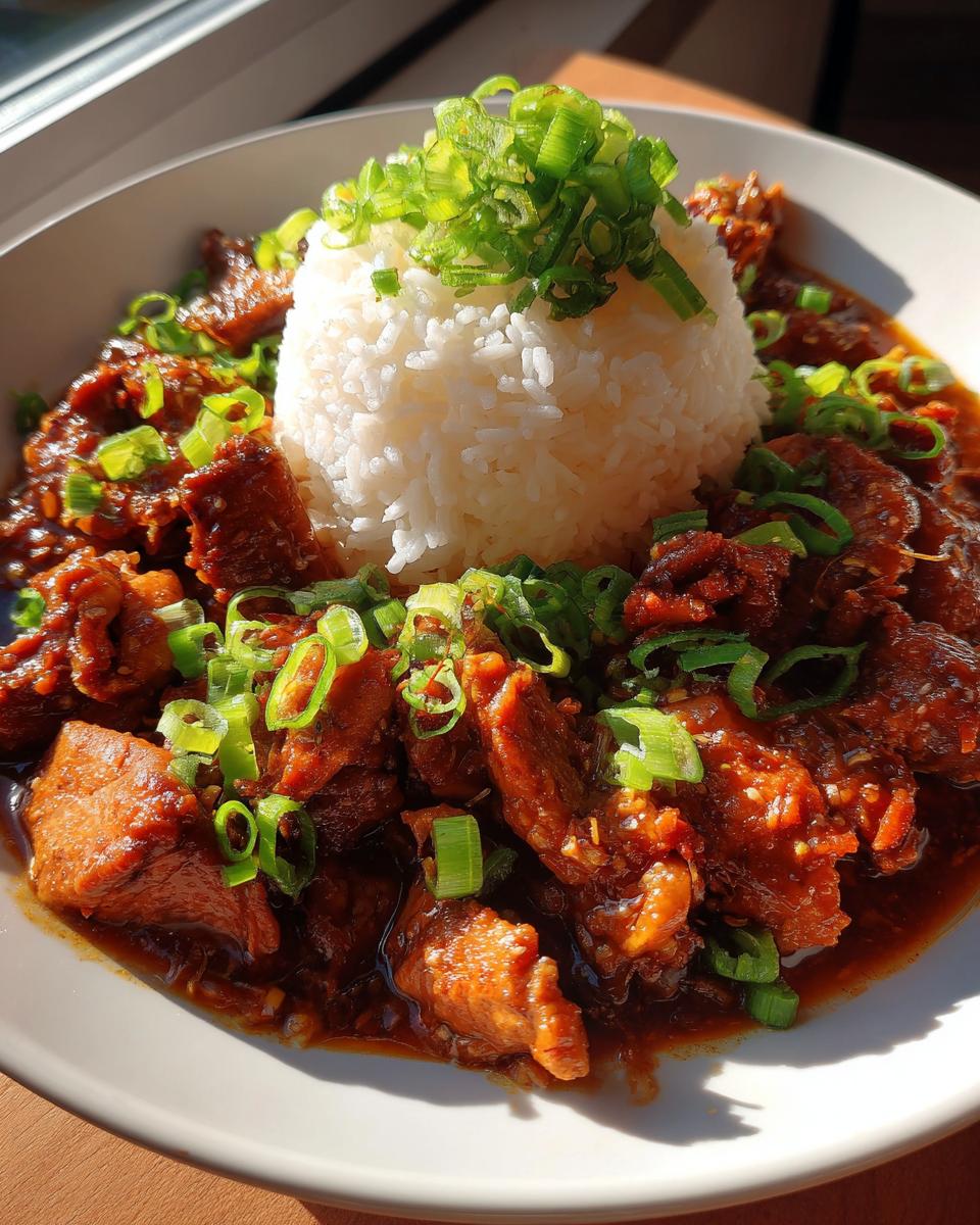 A bowl of Caramelised Soy Chicken In Garlic Ginger Broth With Rice, topped generously with sliced green onions.