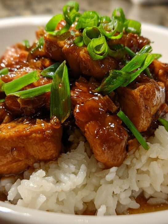 Close-up of Caramelised Soy Chicken In Garlic Ginger Broth served over fluffy white rice and topped with green onions.