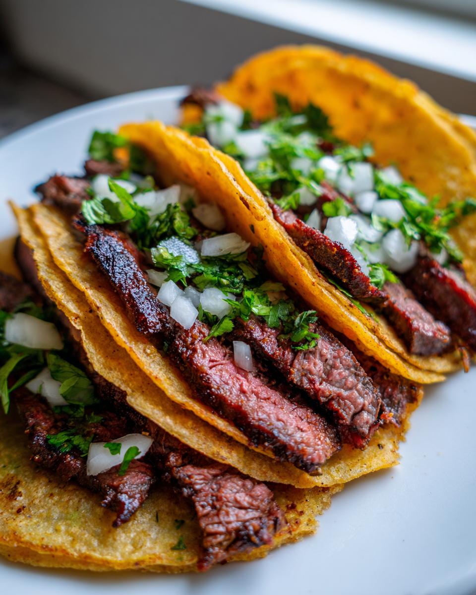 Close-up of perfectly grilled Carne Asada Tacos topped with diced white onion and fresh cilantro.