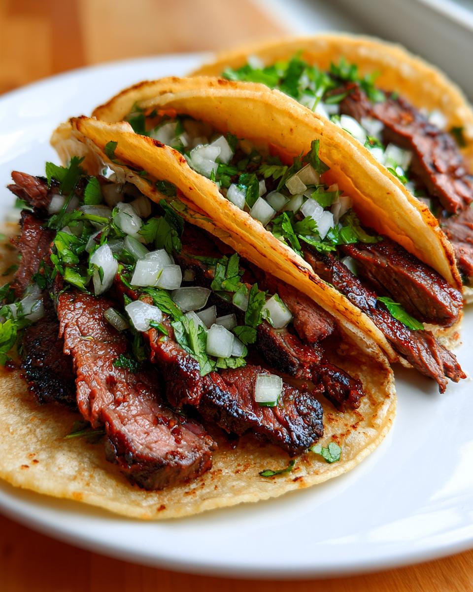 Close-up of two amazing Carne Asada Tacos filled with sliced grilled steak, topped with diced white onion and fresh cilantro.