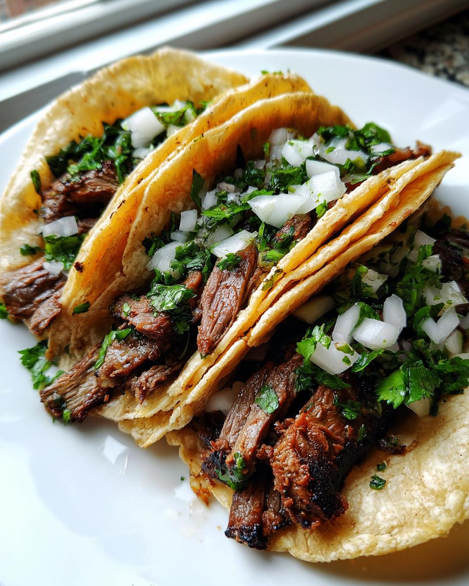 Close-up of three street-style Carne Asada Tacos filled with grilled steak, white onion, and cilantro on a white plate.