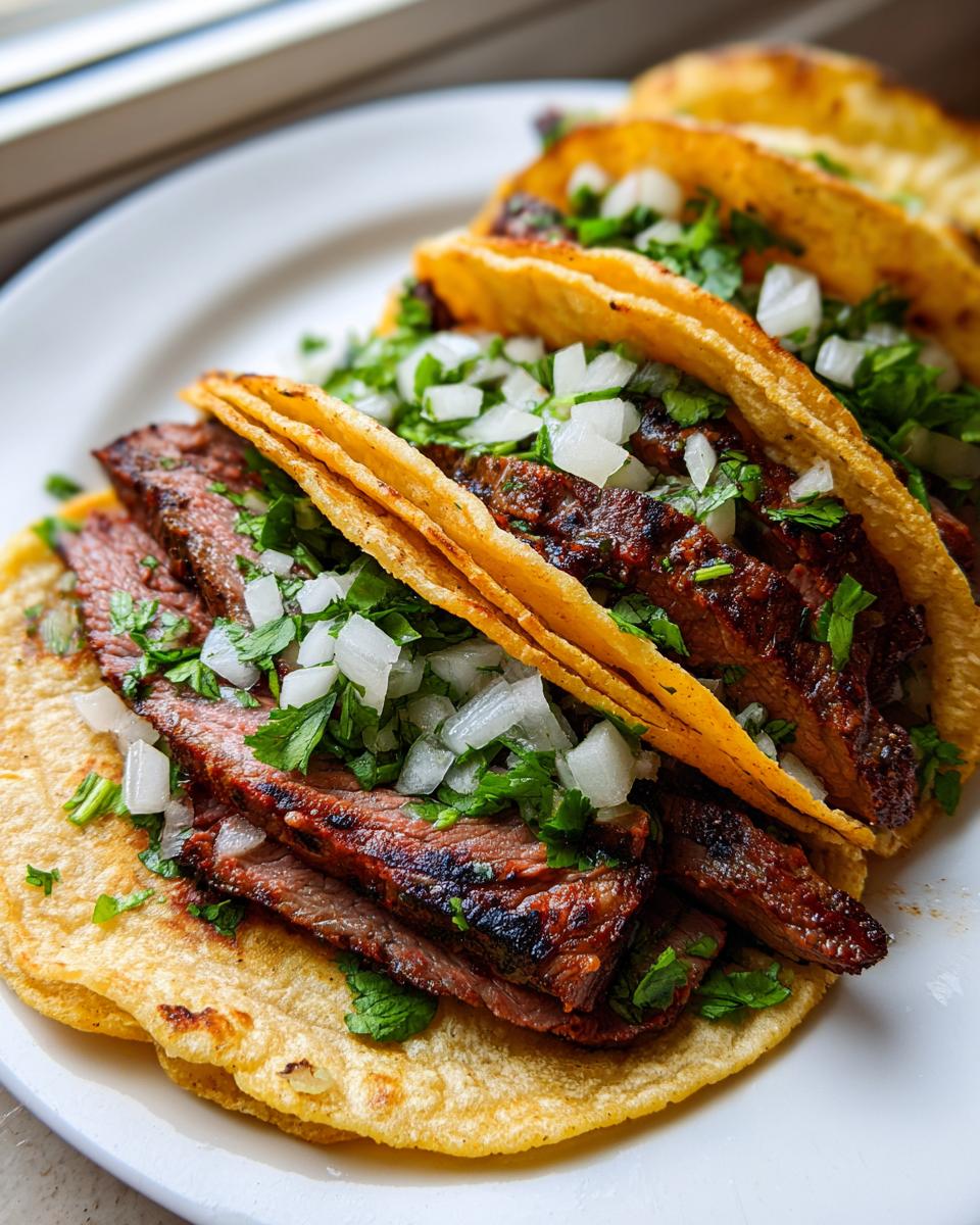 Close-up of three delicious Carne Asada Tacos filled with sliced grilled steak, white onion, and cilantro.