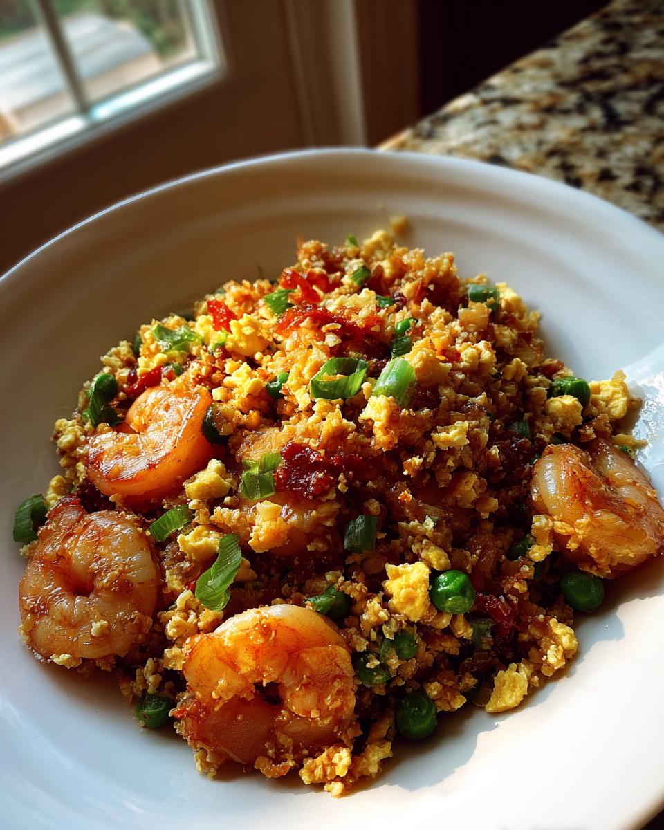 A close-up, sunlit shot of Cauliflower Fried Rice With Shrimp mixed with scrambled egg and peas in a white bowl.