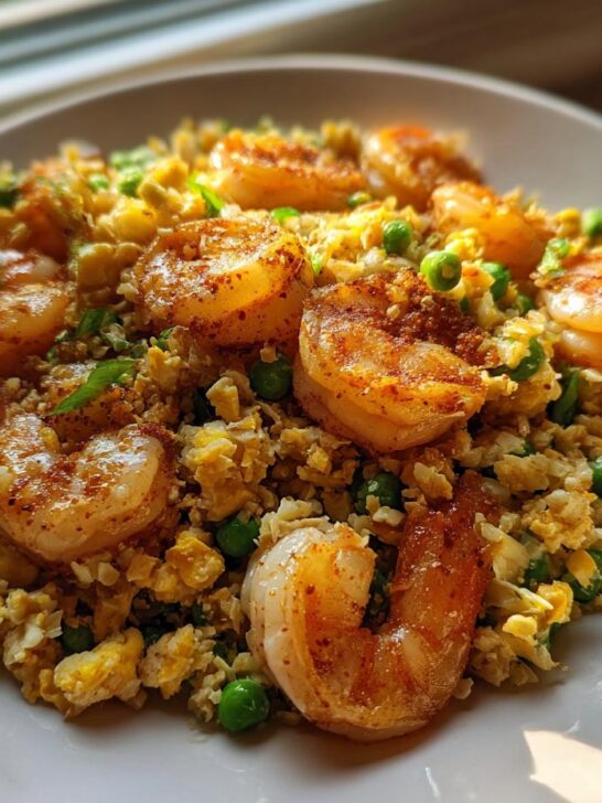 A close-up of seasoned shrimp served over Cauliflower Fried Rice With Shrimp, mixed with scrambled egg and green peas.