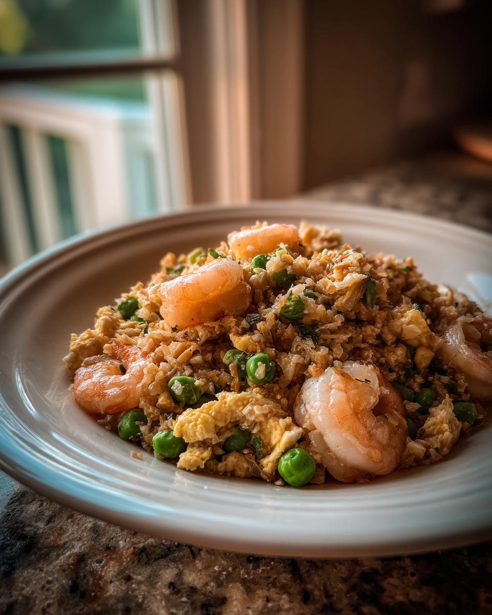 Close-up of a serving of Cauliflower Fried Rice With Shrimp, mixed with scrambled egg and bright green peas.