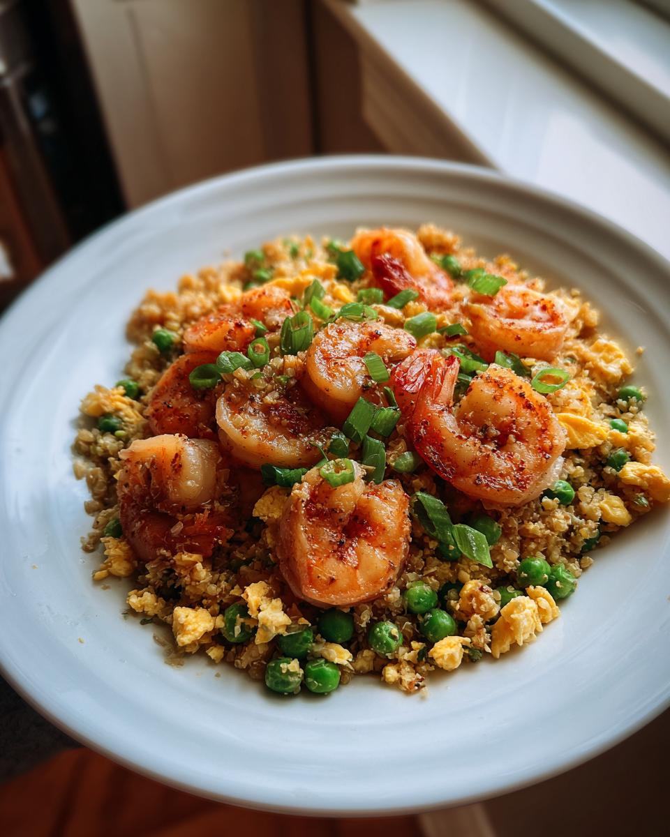 A white plate filled with Cauliflower Fried Rice With Shrimp, scrambled eggs, and green peas, garnished with chopped scallions.