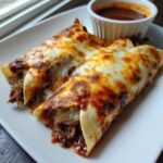 Two cheesy Birria Enchiladas topped with melted, browned cheese and a side of dipping consomm&eacute;.