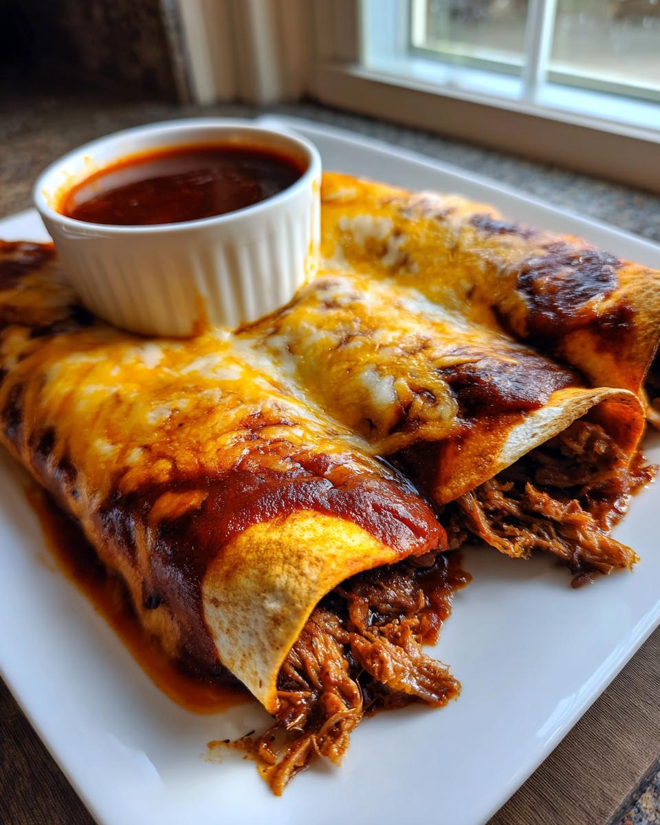 Close-up of cheesy Birria Enchiladas stuffed with shredded meat, served with a side of rich red consomm&eacute;.
