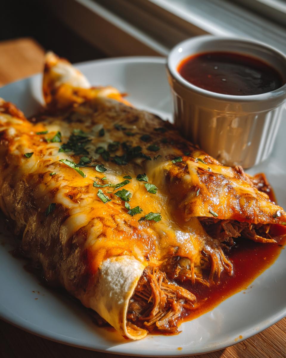 Two cheesy Birria Enchiladas covered in red sauce and cilantro, served with a side of consomm&eacute; for dipping.