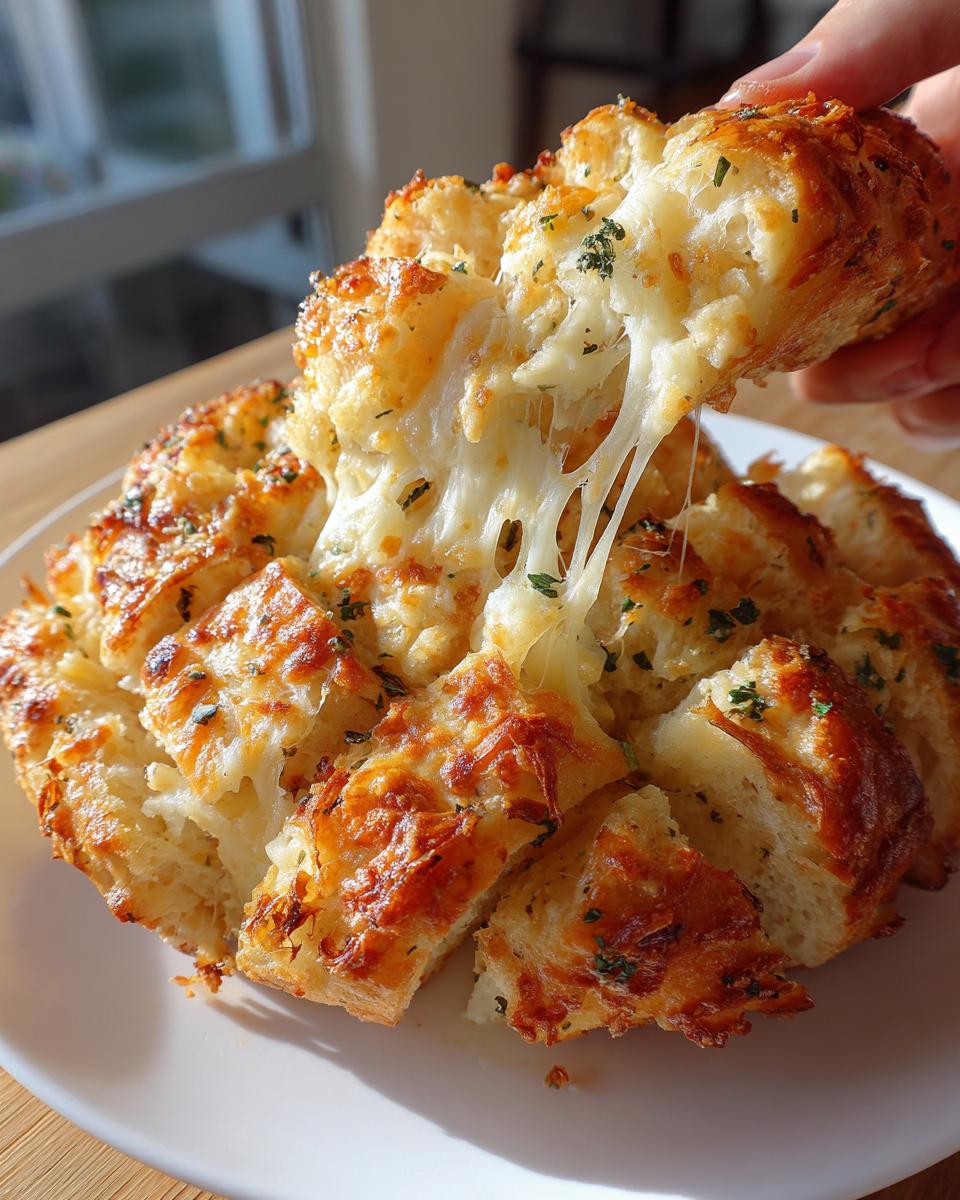 A hand pulling a piece away from a loaf of cheesy Pull Apart Garlic Bread, showing long, melted cheese strands.