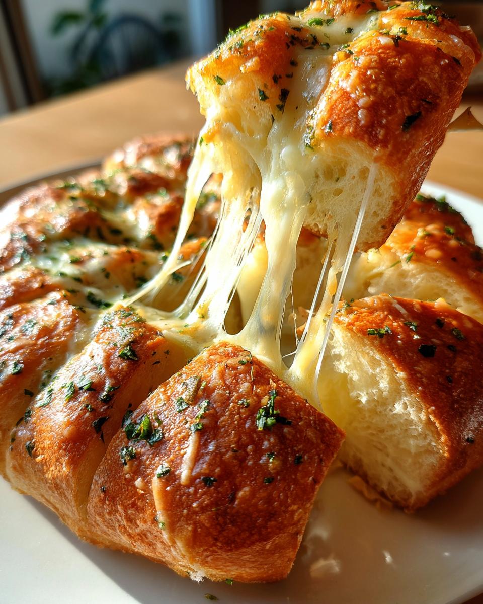 A piece of cheesy Pull Apart Garlic Bread being lifted, showing long, stretchy strings of melted mozzarella cheese.