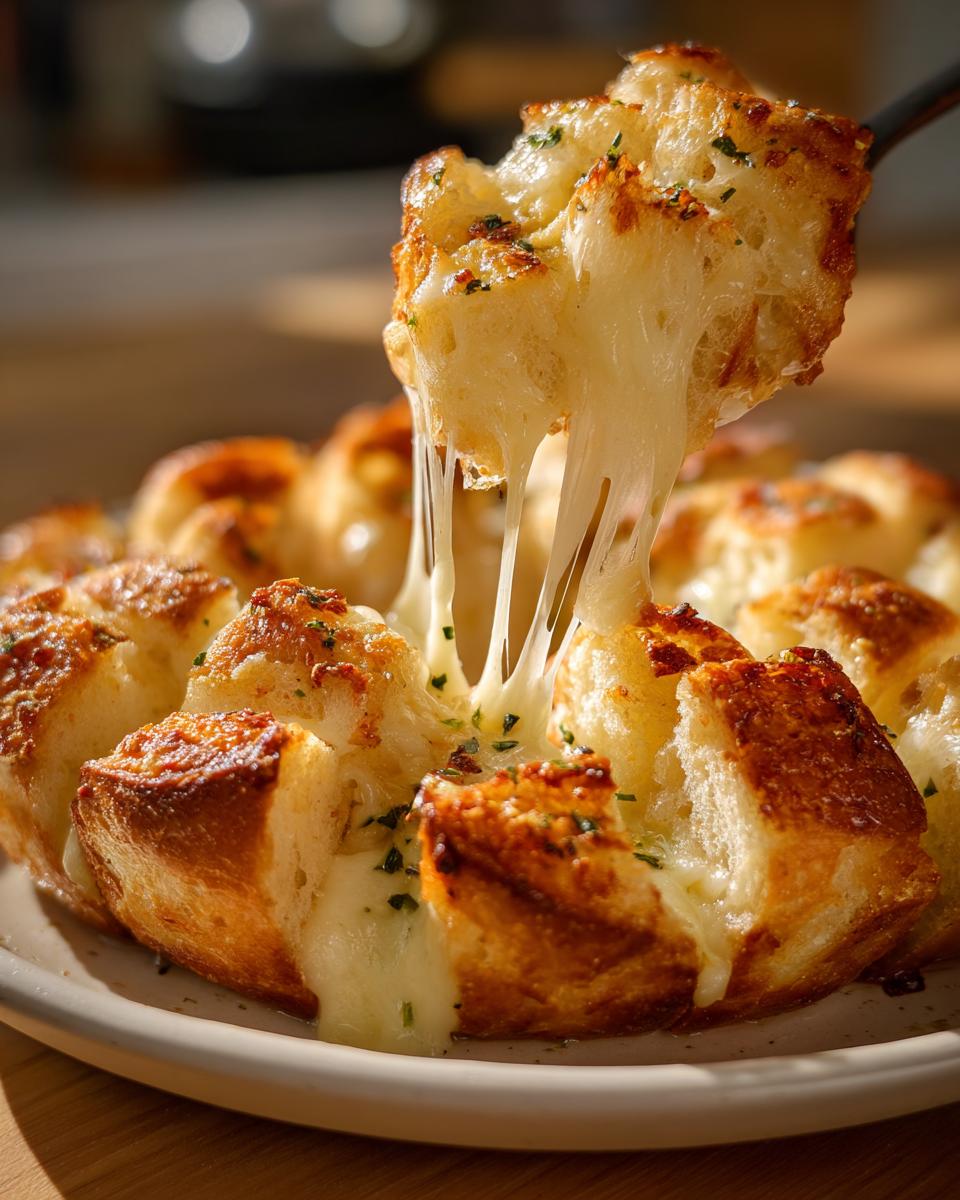 A piece of cheesy Pull Apart Garlic Bread being lifted, showing long, dramatic cheese pulls.