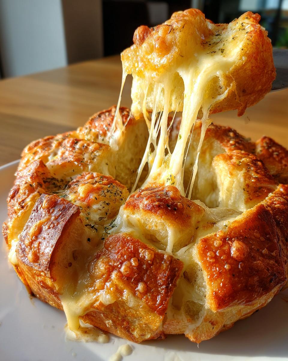 A piece of cheesy Pull Apart Garlic Bread being lifted, showing long, gooey strings of melted cheese.
