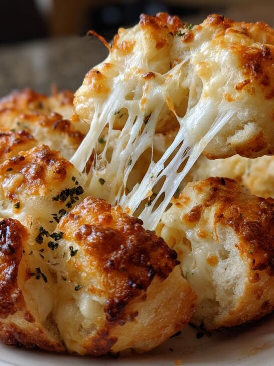 A piece of cheesy Pull Apart Garlic Bread being lifted, showing long, stretchy strings of melted mozzarella cheese.