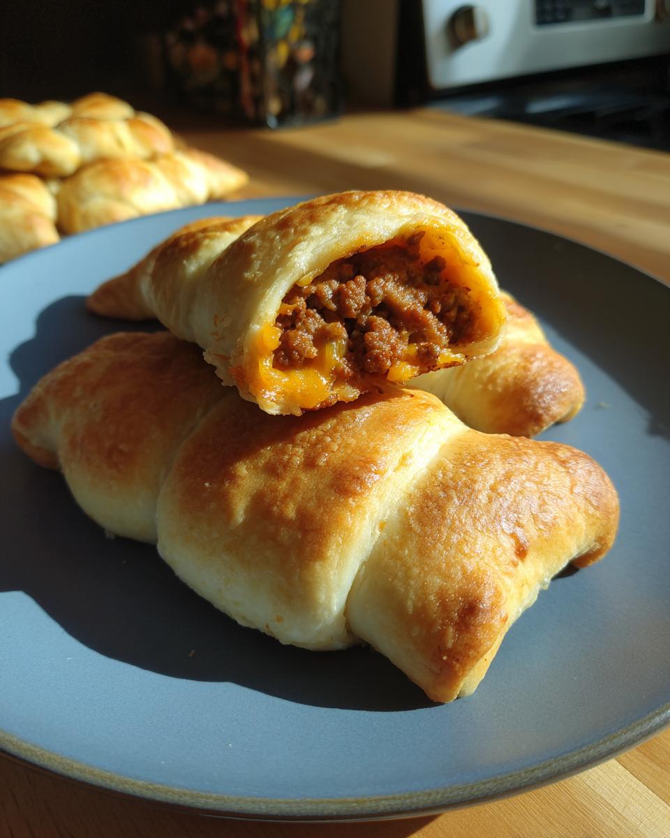 Close-up of golden baked Cheesy Taco Sticks, one cut open revealing seasoned ground beef and melted cheese filling.