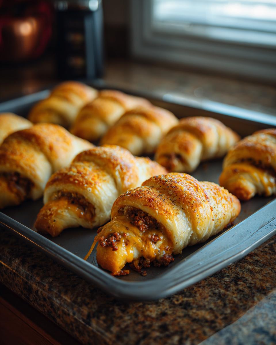 Close-up of freshly baked Cheesy Taco Sticks oozing melted cheese and savory filling on a dark baking sheet.