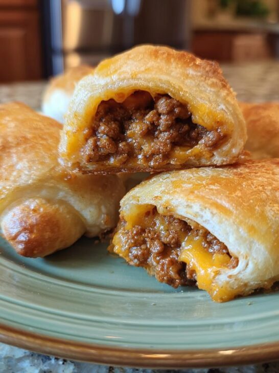 Close-up of golden baked Cheesy Taco Sticks, one cut open revealing seasoned ground beef and melted cheddar cheese.